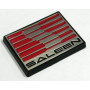 Molded plastic nameplate badge, injected in black, hotstamped in gloss silver, recess fill in black and red, self-adhesive